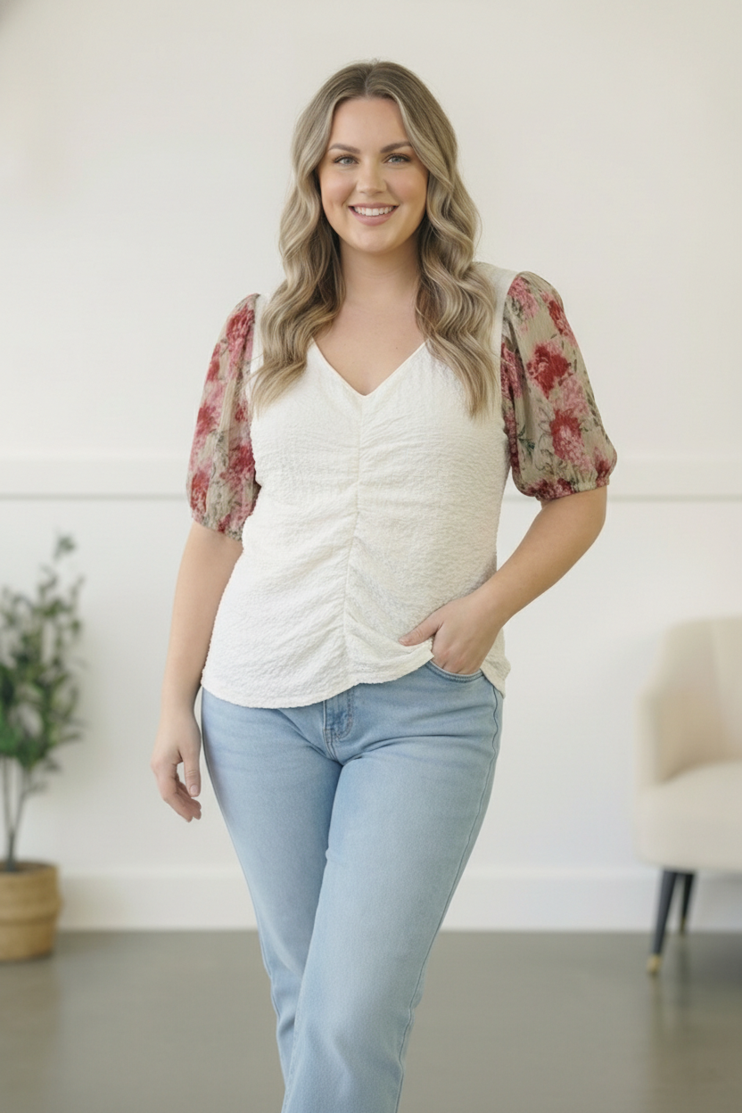 Plus Ivory Floral Sleeve Top