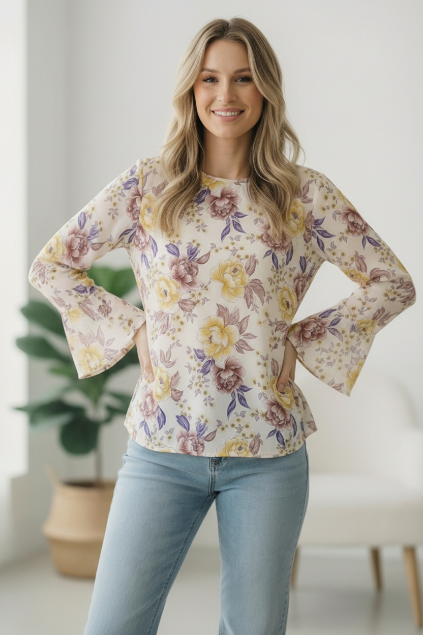 Ivory & Mauve Floral Bell Sleeve Top